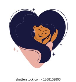 Cute Girl With Heart Shaped Hair Hugs Herself. Self Care, Love Yourself Or Sweet Dreams Icon. Happy Woman, Time For Your Self, Healthcare Or Skincare Concept. Vector Illustration For Postcard, Cards.