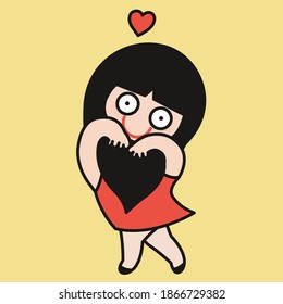 Cute Girl With Heart Shaped Hair Hugs Herself. Self Care, Love Yourself Concept Card Character illustration