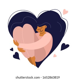 Cute girl with heart shaped long hair. Self care, love yourself icon or body positive concept. Happy woman hugs her knees. Illustration of International Women's day. Vector postcard, valentines card. - Shutterstock ID 1652863819