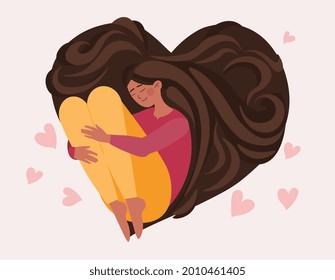 Cute girl with heart shaped long hair concept. Happy girl loves herself and her body. Body positive and self care. International Women day. Cartoon flat vector illustration on a pink background
