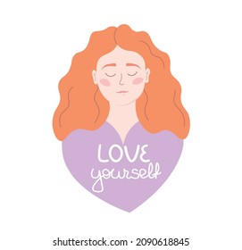 Cute girl with heart shaped long hair. Self care, love yourself icon or body positive concept. Happy woman. Illustration of International Women's day. Vector postcard, valentines card.