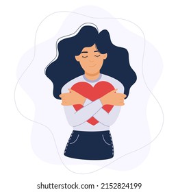Cute girl with heart shaped long hair. Self care, love yourself icon or body positive concept. Happy woman hugs her knees. Illustration of International Women's day. Vector postcard, valentines card.