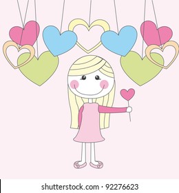 cute girl with heart wand and hearts vector illustration