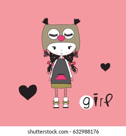 cute girl with hearts, fashion for girls, T-shirt graphics for kids vector illustration