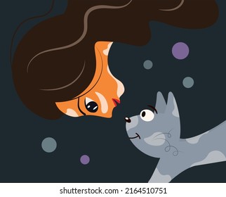 Cute girl and her beloved gray kitten with vitiligo disease. A woman is playing with a cat. Funny characters close-up. Flat vector on dark background. Suitable for printing posters, flyers, web design