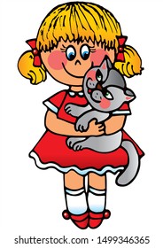 Cute girl with her cute cat. Colored vector for card or gift. 