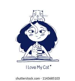 Cute girl and her cat on her head. Hand drawn vector illustration. Homework and reading a book with a pet