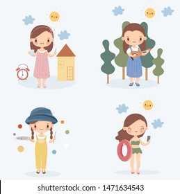 cute girl with her daily life activities vector