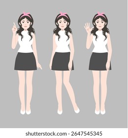 cute girl with her dark curly hair in short skirt and white top. flat vector, illustration design. 
