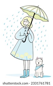 Cute girl and her dog in rain. vector illustration