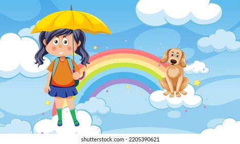 Cute girl with her dog in the sky illustration
