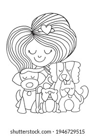 Cute girl with her dogs. Vector illustration. Little girl with her lovely pet dog puppies.
