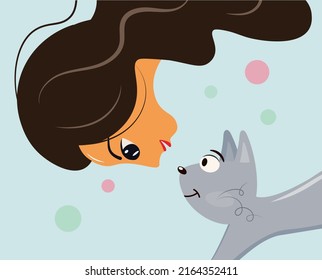 Cute girl with her favorite gray cat close-up. A woman with long hair plays with a cat. Funny characters. Flat vector on green background. Suitable for printing postcards, posters, flyers, web design.