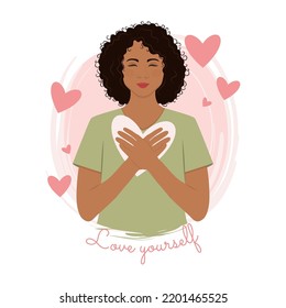 Cute girl with her hands on her heart Self love Vector