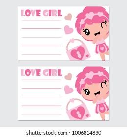 Cute girl with her love padlock vector cartoon illustration for Happy Valentine card design, postcard, and wallpaper