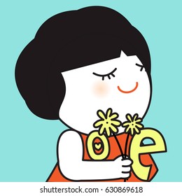 Cute Girl With Her Love Sign From Hand Flowers And Alphabets Concept Card Character illustration