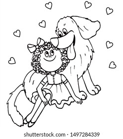 Cute girl with her lovely dog. Black and white vector for coloring, for card or gift.
