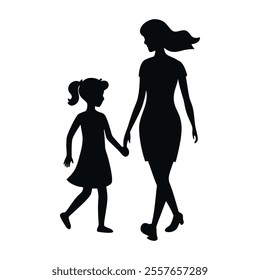 Cute girl with her mother silhouette vector design