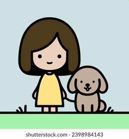 Cute girl and her puppy. Vector character art.