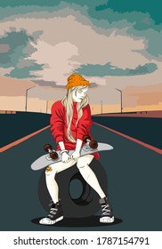 a cute girl with her skateboard on highway