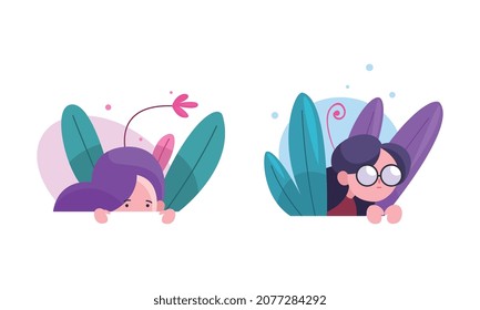 Cute Girl Hiding in Fairy Bush Vector Set