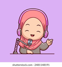 Cute Girl Hijab Broadcasting With Microphone Cartoon Vector Icon Illustration. People Profession Icon Concept Isolated Premium Vector. Flat Cartoon Style