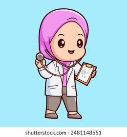 Doctora Linda Del Hijab De La Niña Que Sostiene El Portapapeles Y El Estetoscopio Ilustración Del Vector De Dibujos Animados. Personas Health Icon Concept Vector Premium aislado. Estilo plano de dibujos animados