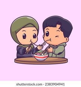 Cute Girl Hijab Eating Ramen Noodle With Boy Cartoon 
Vector Icon Illustration. People Food Icon Concept Isolated
Premium Vector. Flat Cartoon Style

