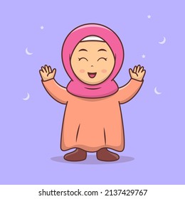 Cute girl hijab Happy Face illustration, muslim girl with hijab cartoon Premium Vector, ramadan illustration