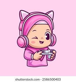 Cute Girl Hijab Playing Game With Controller And Headset Cartoon Vector Icon Illustration. People Technology Icon Concept Isolated Premium Vector. Flat Cartoon Style