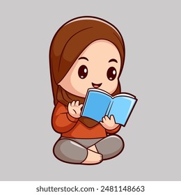 Cute Girl Hijab Reading Book Cartoon Vector Icon Illustration. People Education Icon Concept Isolated Premium Vector. Flat Cartoon Style