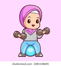 Cute Girl Hijab Workout With Dumbbell And Fitness Ball Cartoon Vector Icon Illustration. People Sport Icon Concept Isolated Premium Vector. Flat Cartoon Style