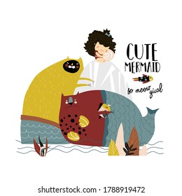 Cute girl with his beloved cats mermaids