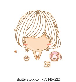 Cute girl hold little red flower. Vector illustration, character design, top view, unique.