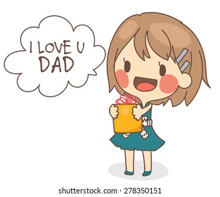 cute girl hold a present with text I love you dad in father's day.card vector illustration in white background.