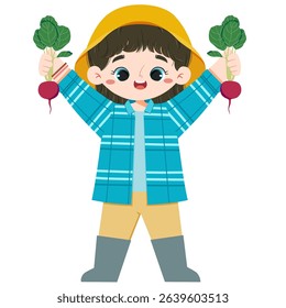 Cute girl hold red radish in both hands in farmland in harvest moon