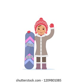 Cute girl hold snowboard and greeting waving hand. Winter sport, snowboarding. Vector illustration in flat style.