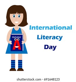 Cute girl holding an alphabet. International Literacy Day