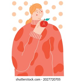 A cute girl holding an apple in her hands, a source of vitamin A. Vector hand-drawn illustration in a flat style