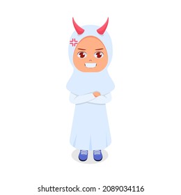 Cute girl holding back anger with horns coming out