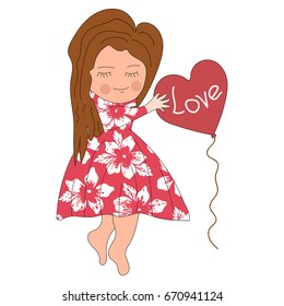 Cute girl holding a balloon that says love. Dress with flowers. Character in handwriting style. Vector isolated image. Print and web projects.
