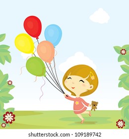 Cute girl holding balloon and toy bear in the park