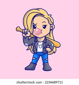 Cute Girl Holding Baseball Bat And Blowing Bubble Gum Cartoon Vector Icon Illustration. People Sport Icon Concept Isolated Premium Vector. Flat Cartoon Style