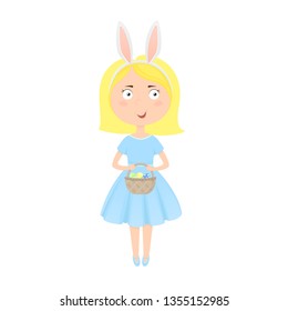 Cute girl holding basket with easter eggs. Vector flat illustration isolated on white background