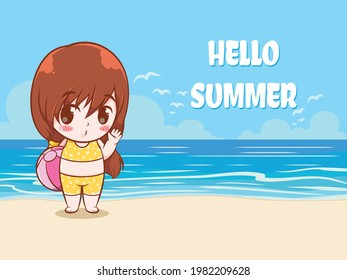 A cute girl holding a beach ball says hello summer. summer greeting concept illustration.
