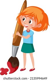 Cute girl holding big paintbrush illustration