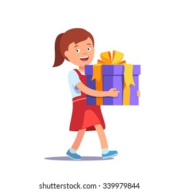 Cute girl holding big ribbon bow wrapped gift box in front of her in arms. Flat style vector illustration isolated on white background.