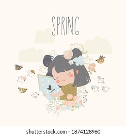 Cute girl holding birdhouse. Waiting for the spring