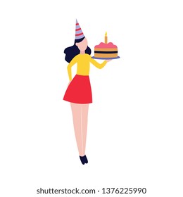 Cute girl holding birthday cake - female baker with party hat holding beautiful dessert with burning candle. Young girl ready to celebrate - flat isolated vector illustration on white background