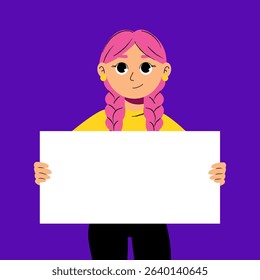 Cute girl holding blank sign for message or announcement isolated on colorful background flat cartoon illustration